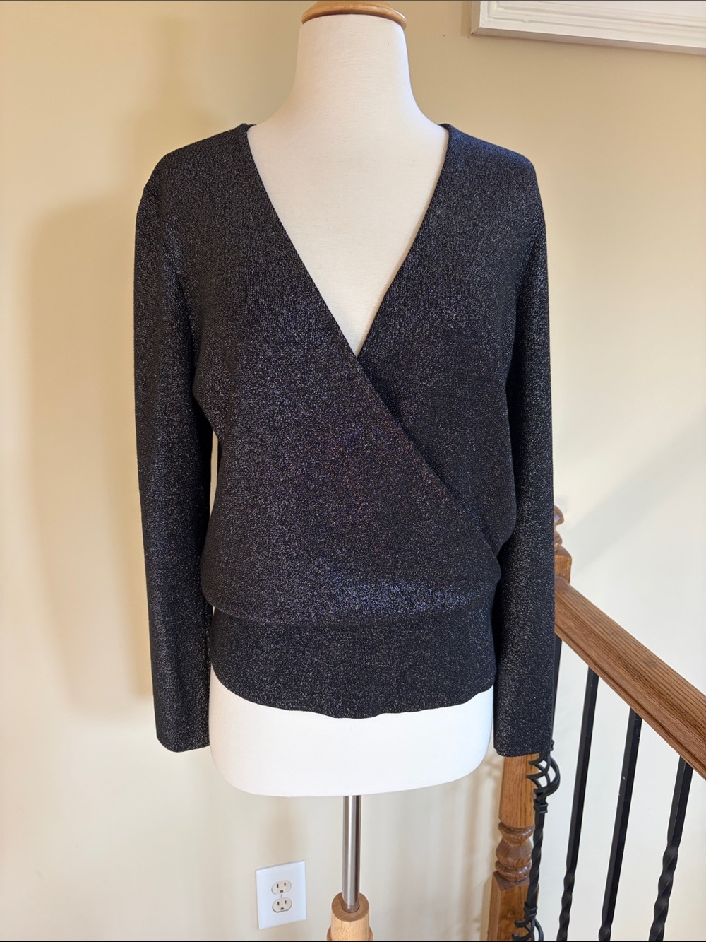 Ann Taylor Black Metallic Wrap V-Neck Sweater